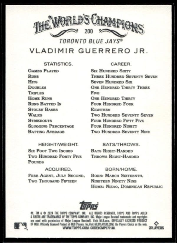 2024 Topps Allen & Ginter Vladimir Guerrero Jr.