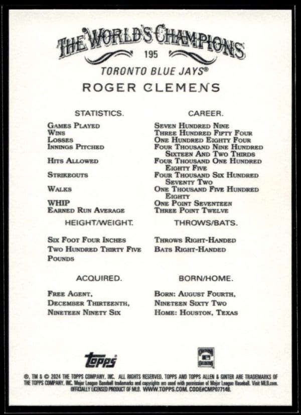2024 Topps Allen & Ginter Roger Clemens
