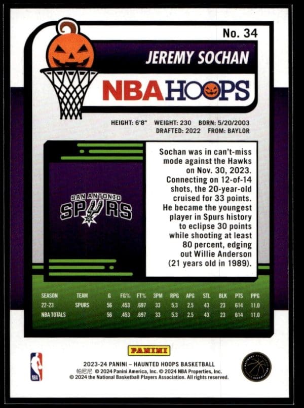 2023 Panini Haunted Hoops Jeremy Sochan
