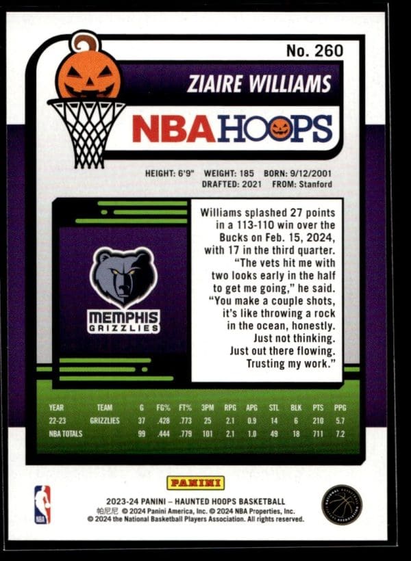 e4797a4901bb4d2680374c386025fe1c_back 2023 Panini Haunted Hoops Ziaire Williams