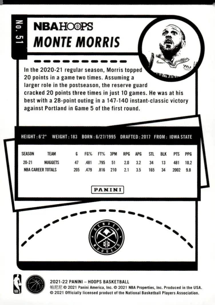 2021-22 NBA Hoops #51 Monte Morris (back)
