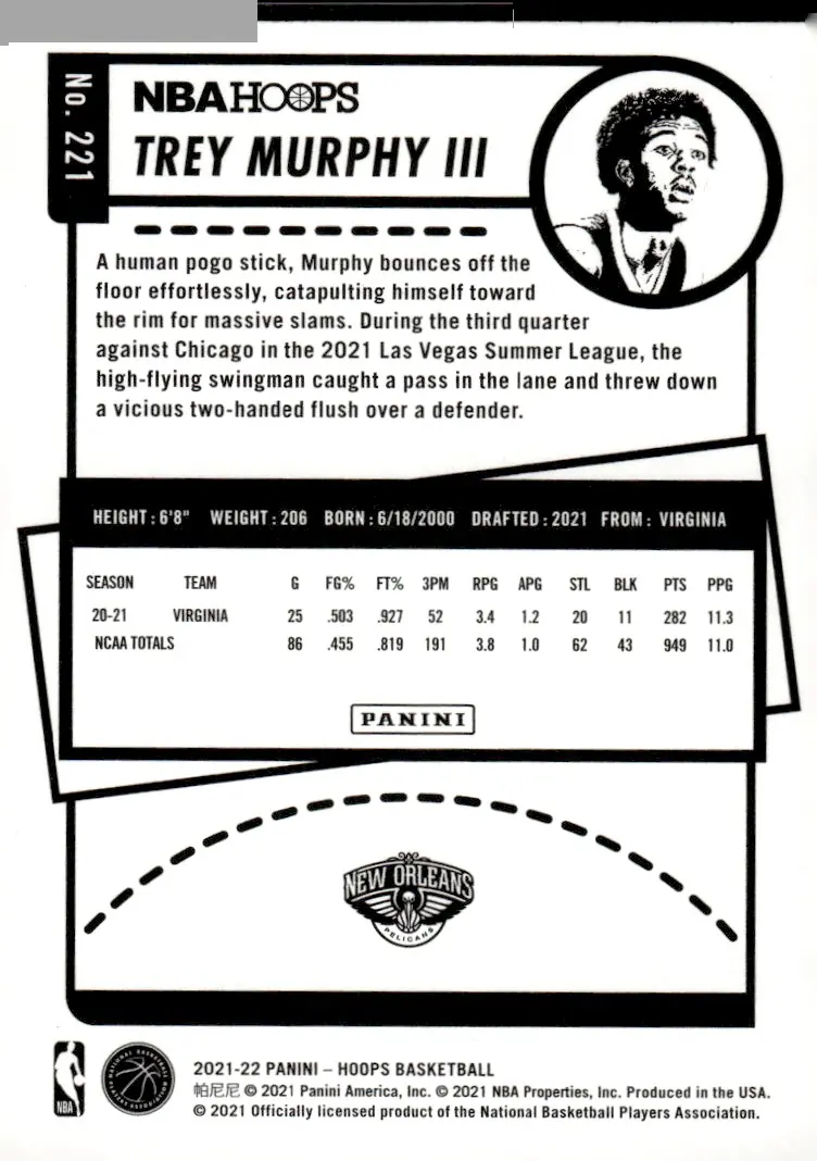 2021-22 NBA Hoops #221 Trey Murphy III (back)