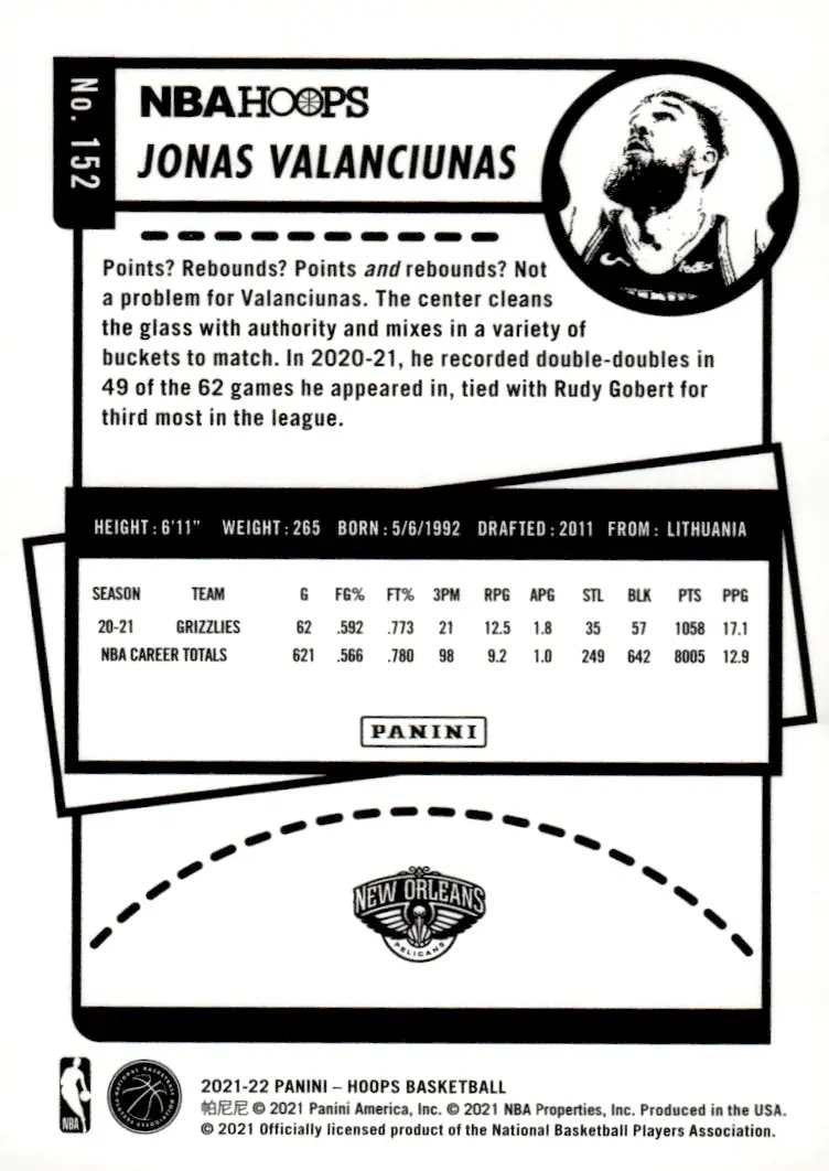 2021-22 NBA Hoops #152 Jonas Valanciunas (back)