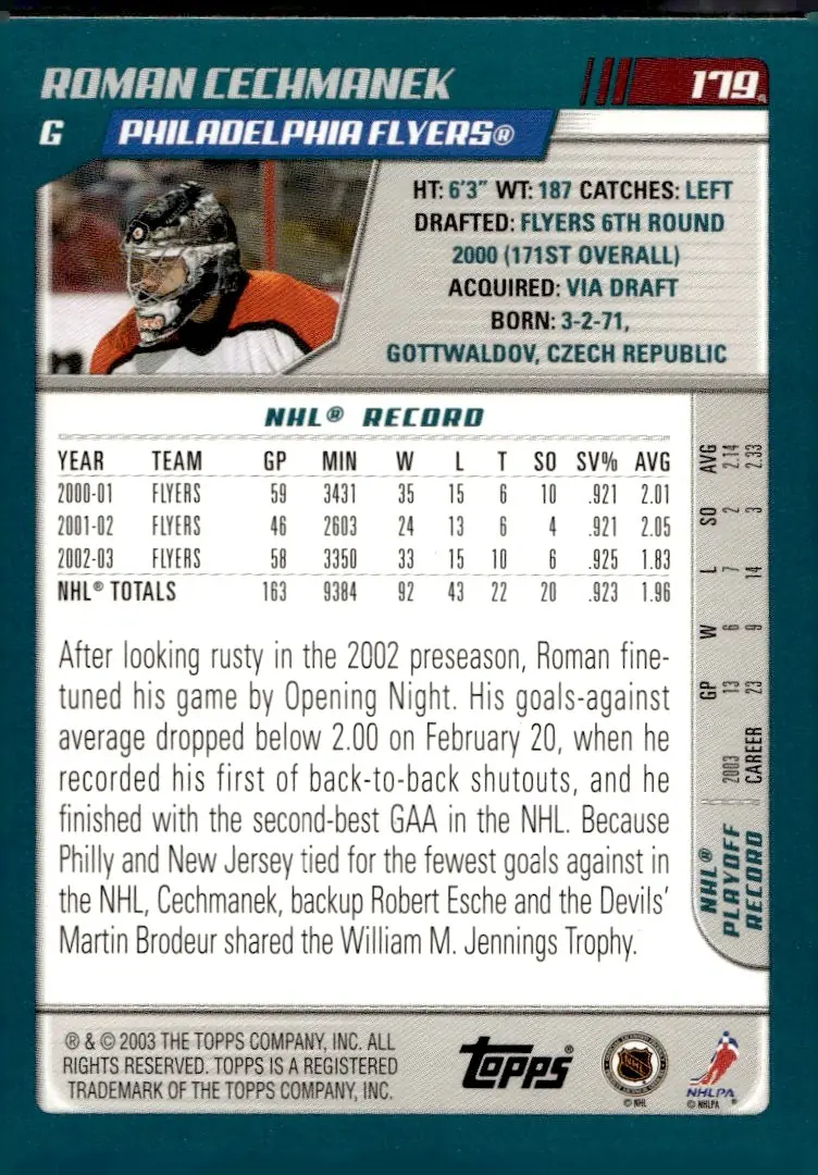 2003-04 Topps #179 Roman Cechmanek (back)