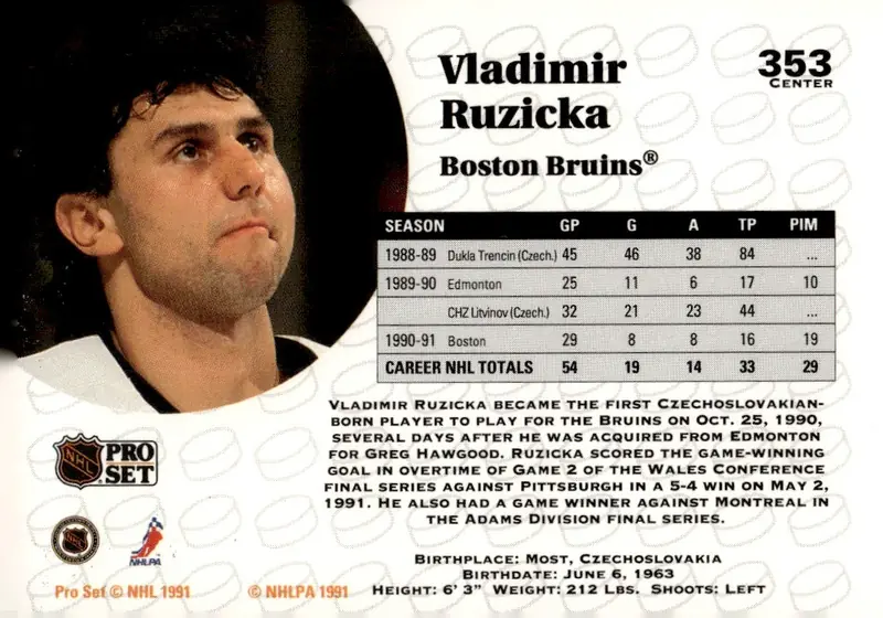 1991-92 Pro Set (Series 2) #353 Vladimir Ruzicka – English (back)