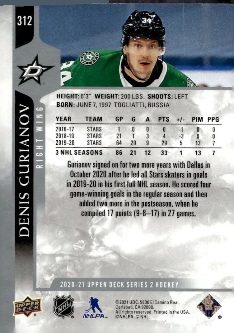 2020-21 Upper Deck Series 2 #312 Denis Gurianov (back)