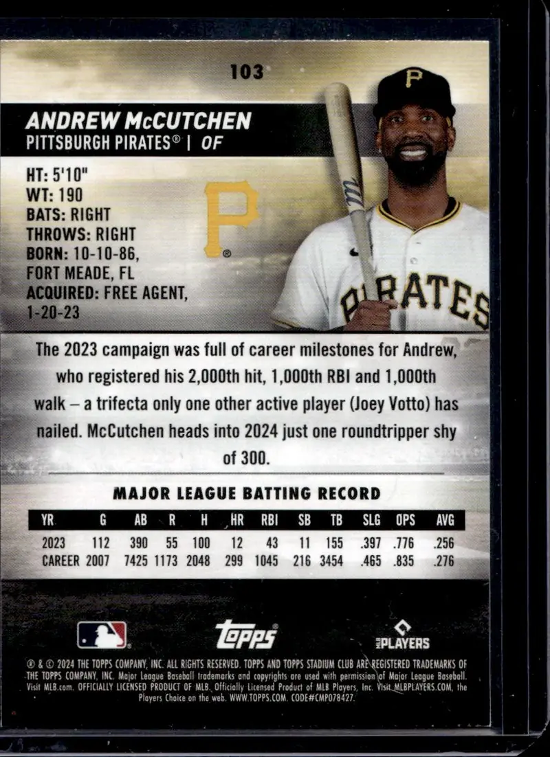2024 Topps Stadium Club #103 Andrew McCutchen – Red Foil (back)