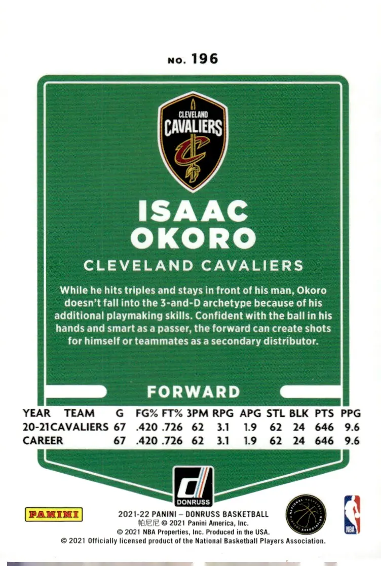 2021-22 Donruss #196 Isaac Okoro (back)