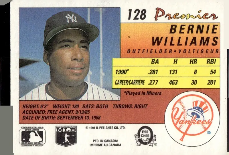 1991 O-Pee-Chee Premier #128 Bernie Williams (back)