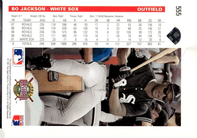 1992 Upper Deck Baseball #555 Bo Jackson (back)