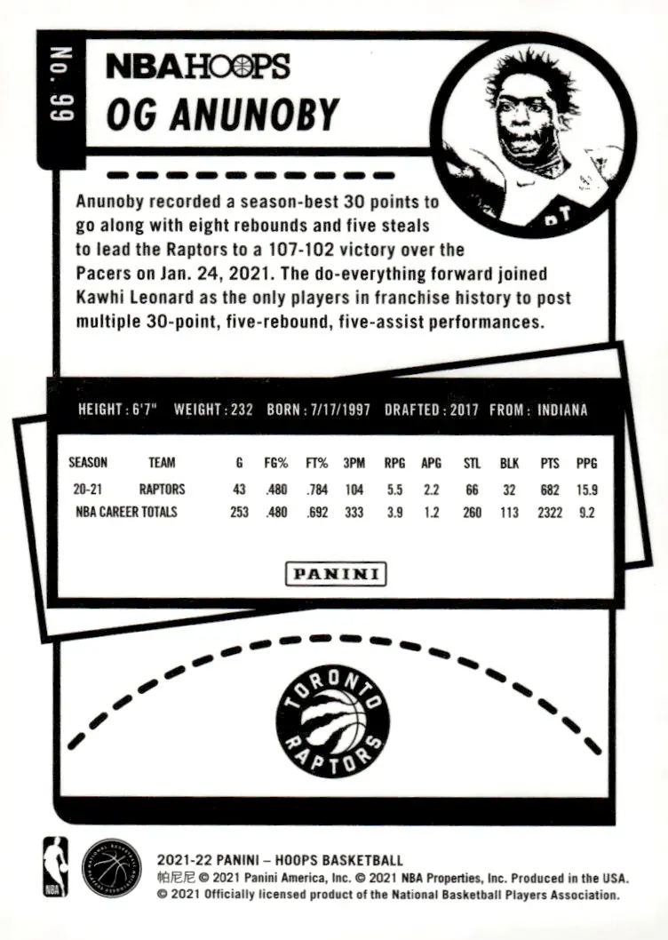 2021-22 NBA Hoops #99 OG Anunoby (back)