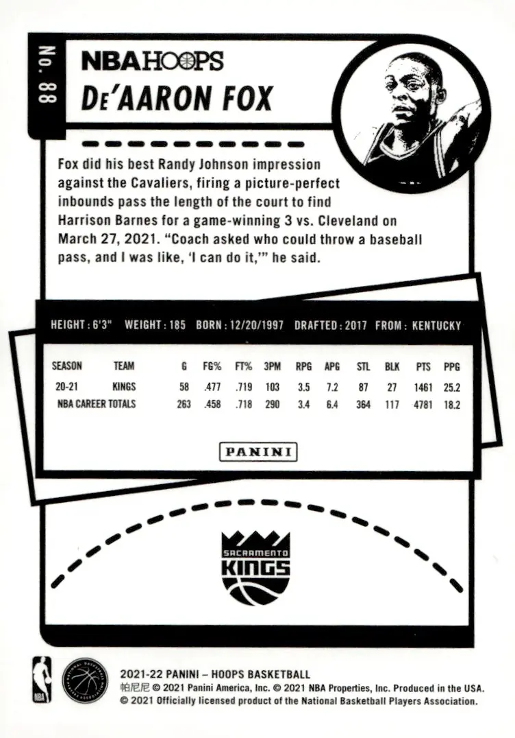 2021-22 NBA Hoops #88 De'Aaron Fox (back)