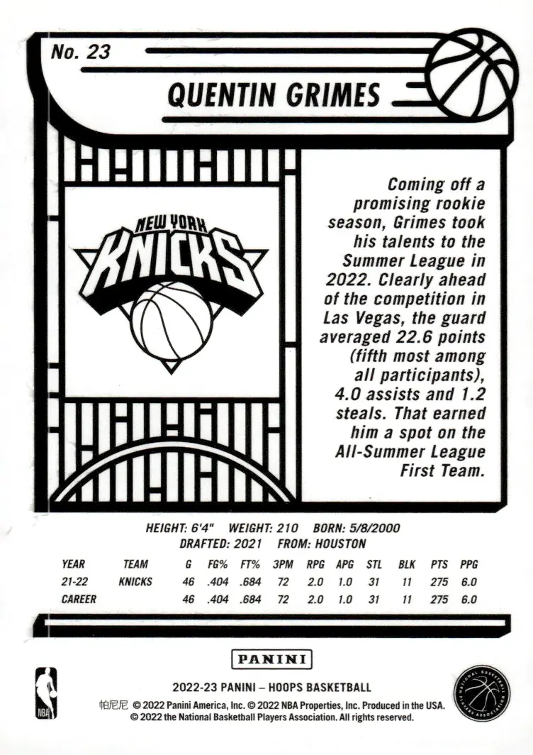 2022-23 NBA Hoops #23 Quentin Grimes (back)