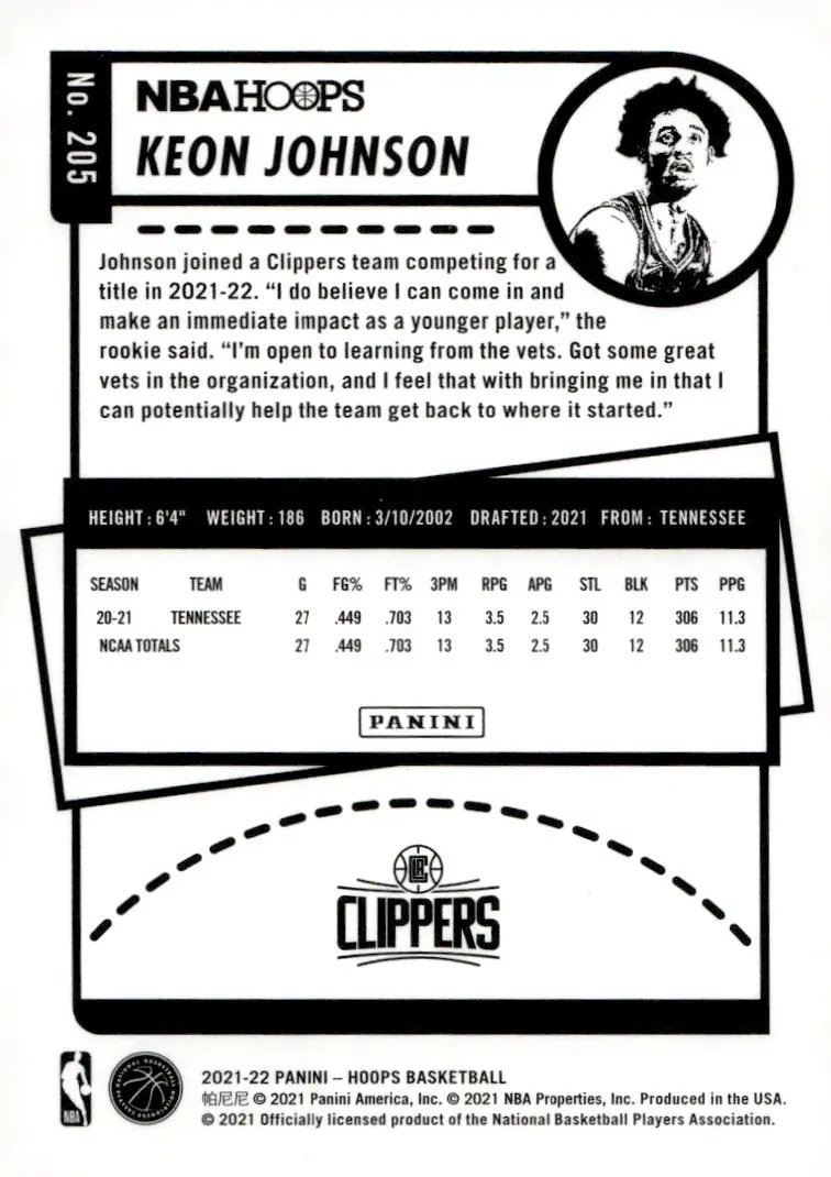 2021-22 NBA Hoops #205 Keon Johnson (back)