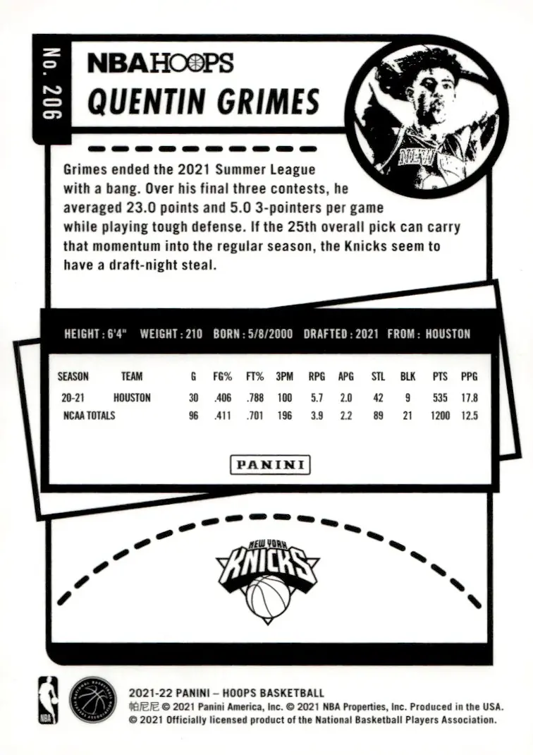2021-22 NBA Hoops #206 Quentin Grimes (back)