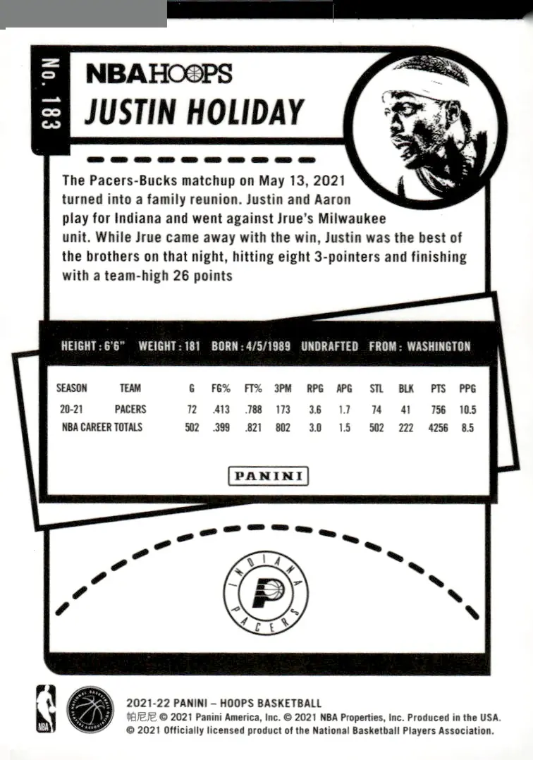 2021-22 NBA Hoops #183 Justin Holiday (back)