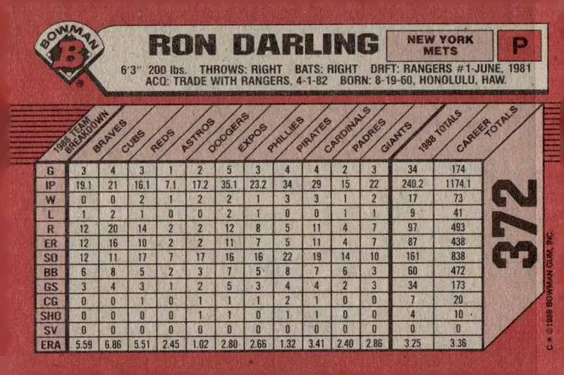 1989 Bowman #372 Ron Darling (back)