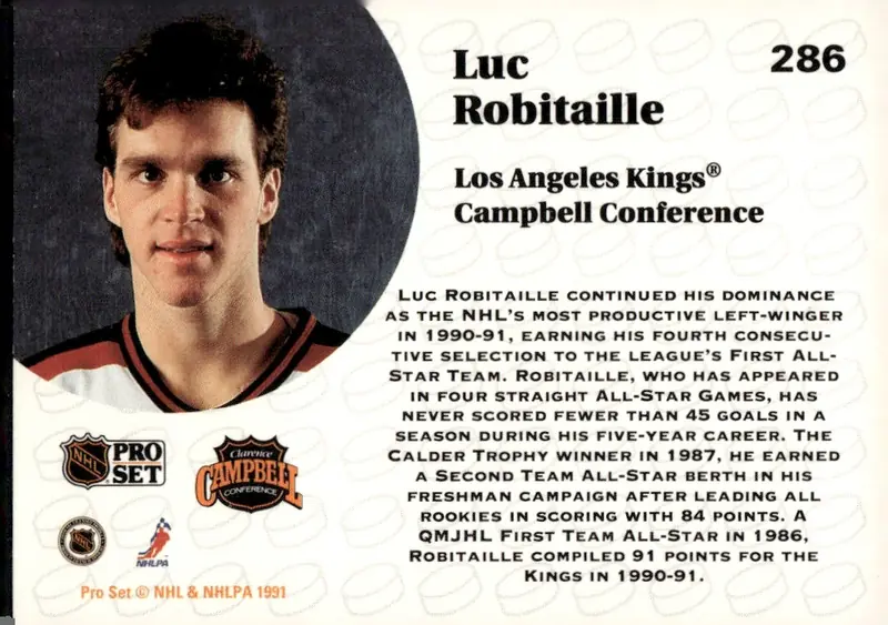 1991-92 Pro Set #286 Luc Robitaille (back)