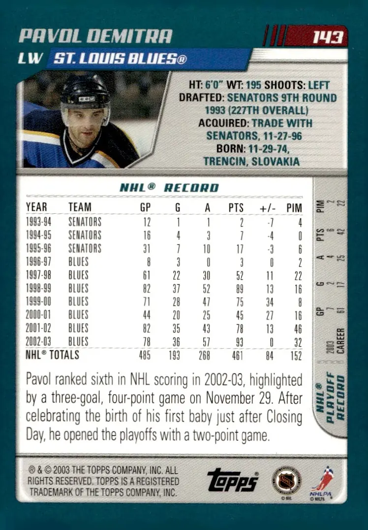 2003-04 Topps #143 Pavol Demitra (back)