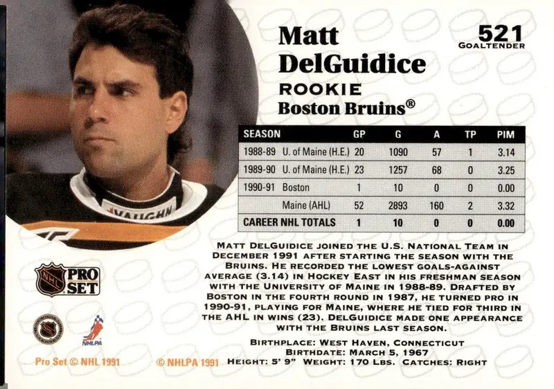 1991-92 Pro Set #521 Matt DelGuidice (back)