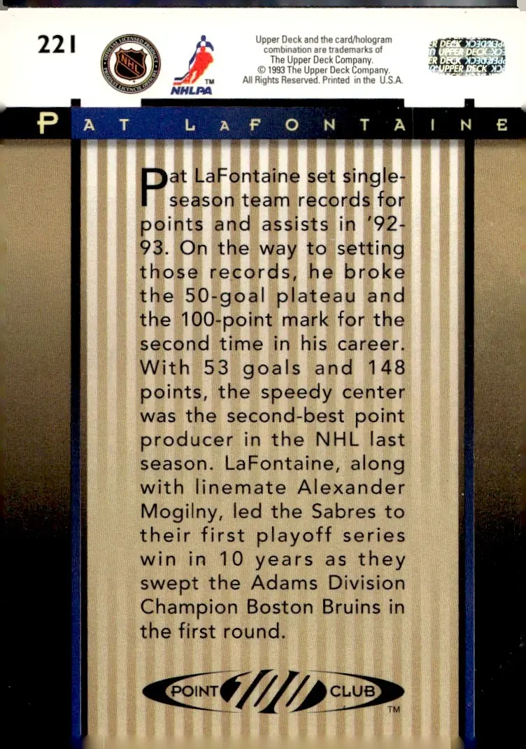 1993-94 Upper Deck #221 Pat LaFontaine (back)