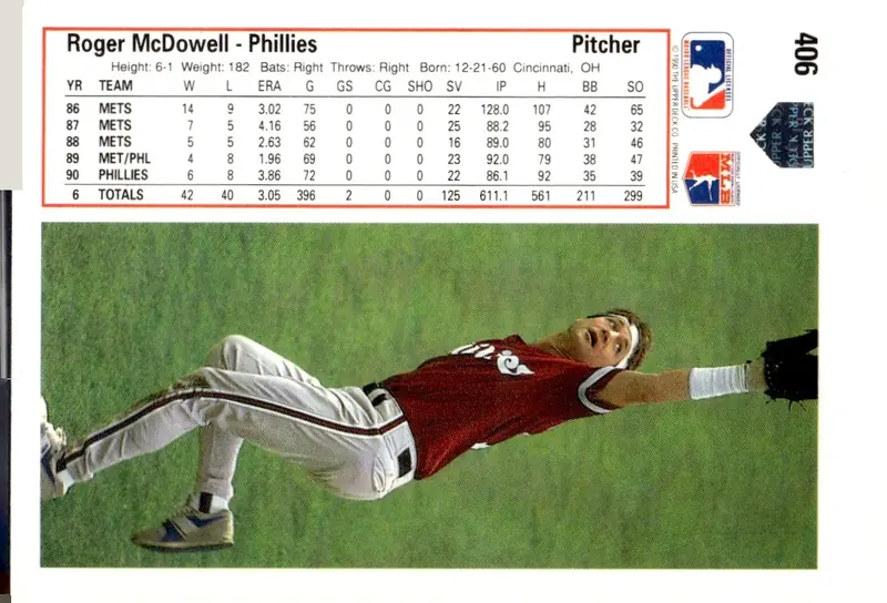 1991 Upper Deck #406 Roger McDowell (back)