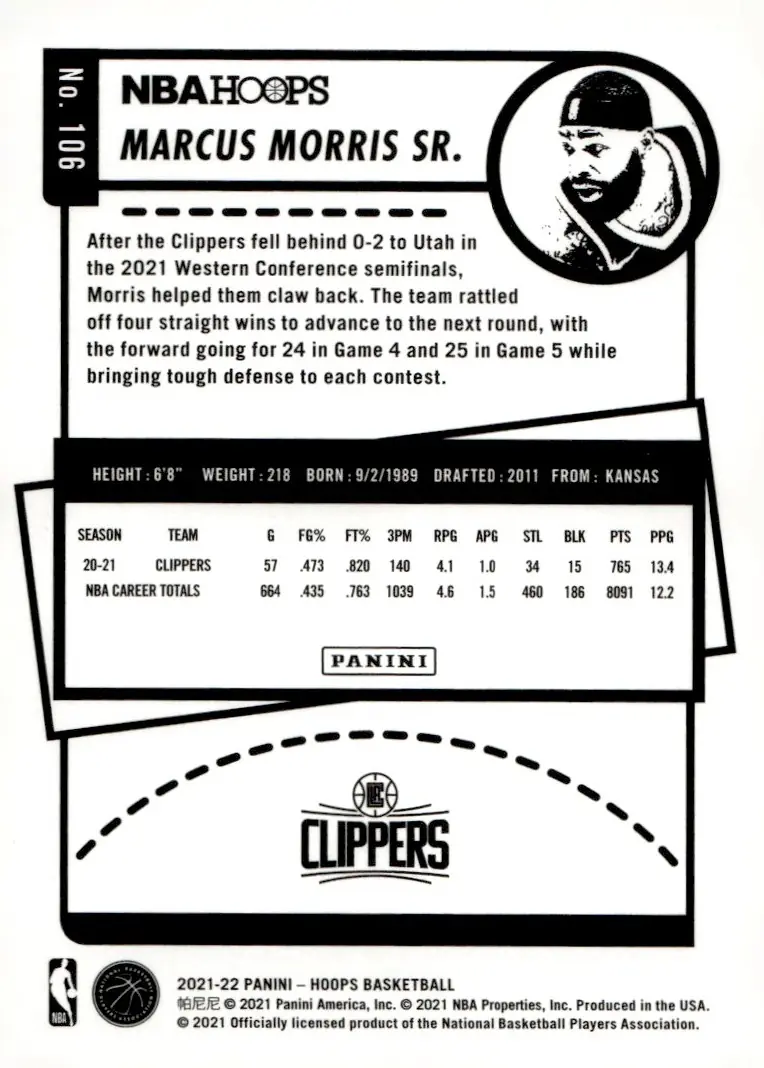 2021-22 NBA Hoops #106 Marcus Morris Sr. (back)