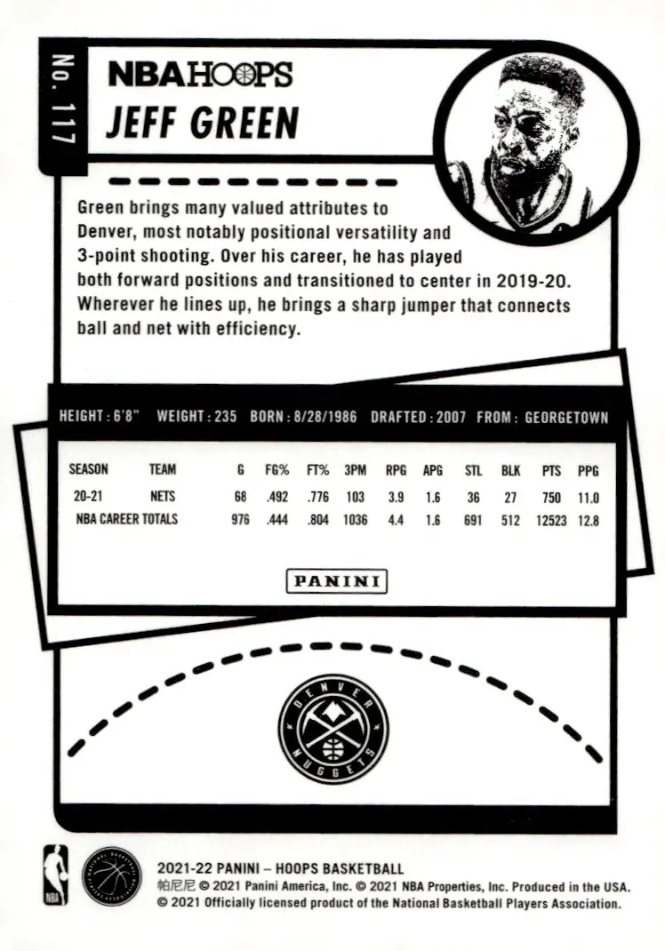 2021-22 NBA Hoops #117 Jeff Green (back)