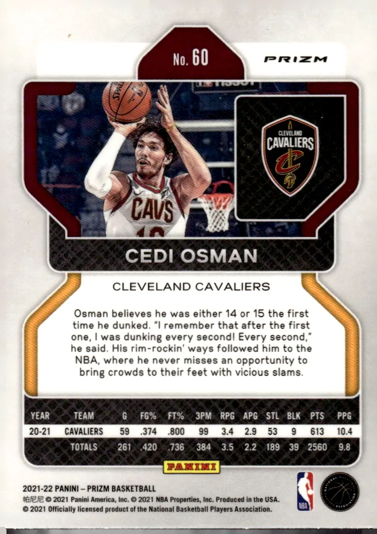 2021-22 Panini Prizm Basketball #60 Cedi Osman – Silver Prizm (back)