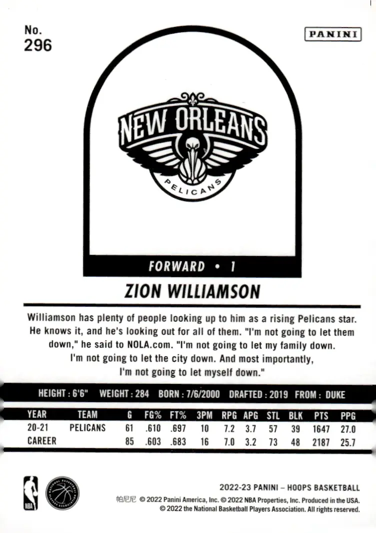 2022-23 NBA Hoops #296 Zion Williamson (back)