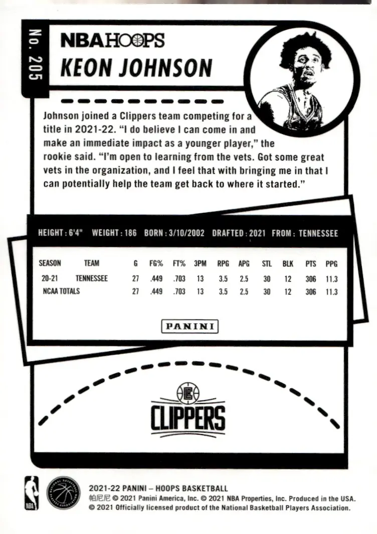 2021-22 NBA Hoops #205 Keon Johnson (back)