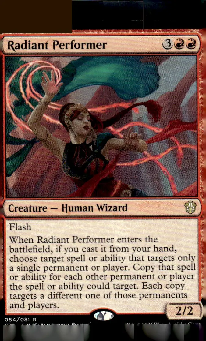 2021 Commander 2021 (C21) #054/081 Radiant Performer (Creature — Human Wizard); art by Alessandra Pisano (front)