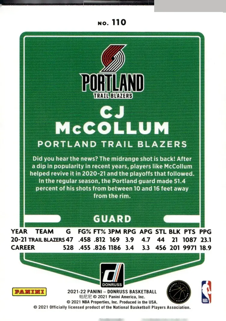 2021-22 Donruss #110 CJ McCollum (back)