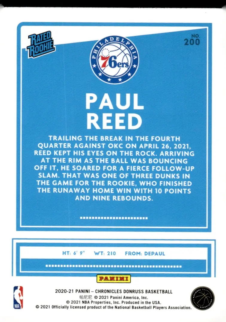 2020-21 Panini Chronicles Basketball #200 Paul Reed (back)