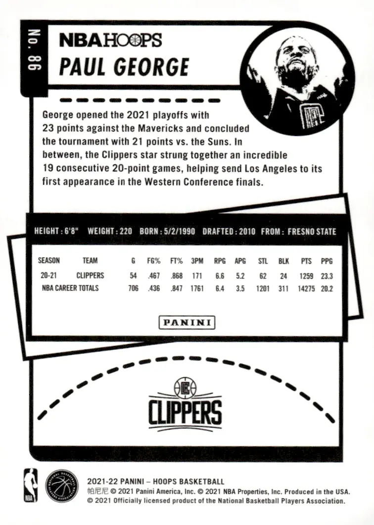 2021-22 NBA Hoops #86 Paul George (back)