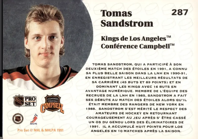 1991-92 Pro Set (Series 1) - French/Bilingual Edition #287 Tomas Sandstrom – French-language version (back)