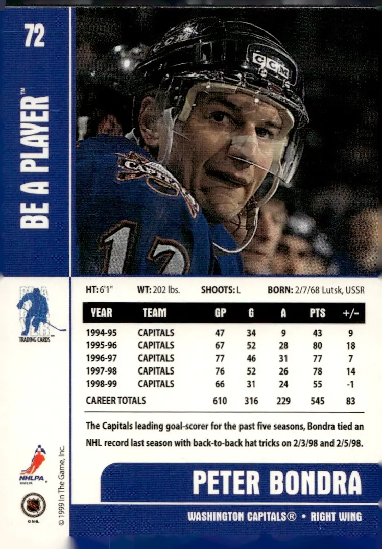 1999-00 Be A Player Memorabilia #72 Peter Bondra (back)