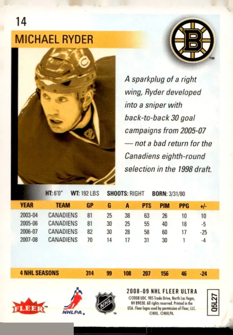 2008-09 Fleer Ultra #14 Michael Ryder (back)