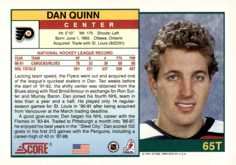 1991-92 Score Rookie & Traded (American) #65T Dan Quinn (back)