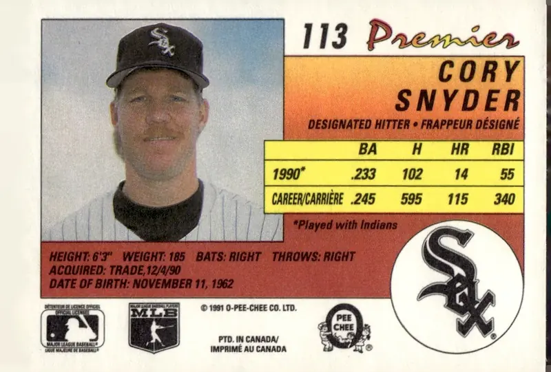 1991 O-Pee-Chee Premier #113 Cory Snyder (back)