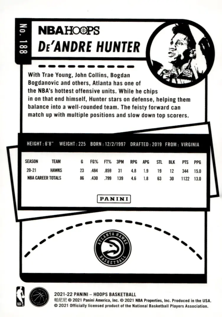 2021-22 NBA Hoops #188 De'Andre Hunter (back)