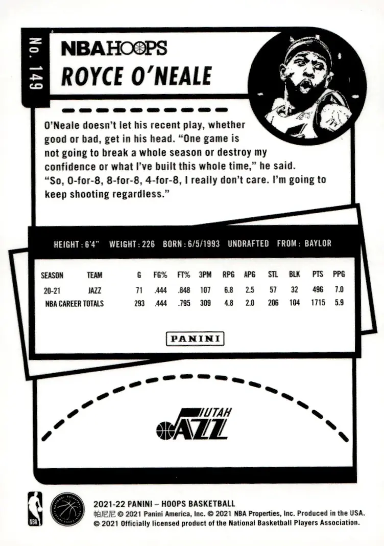 2021-22 NBA Hoops #149 Royce O'Neale (back)