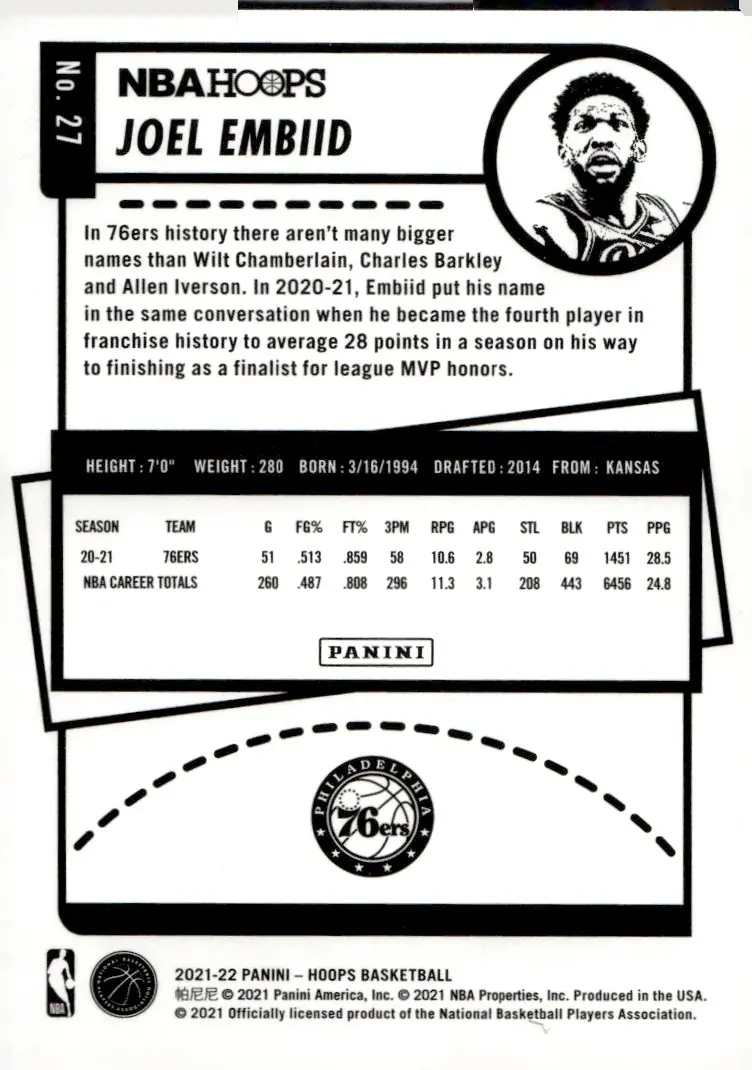 2021-22 NBA Hoops #27 Joel Embiid (back)