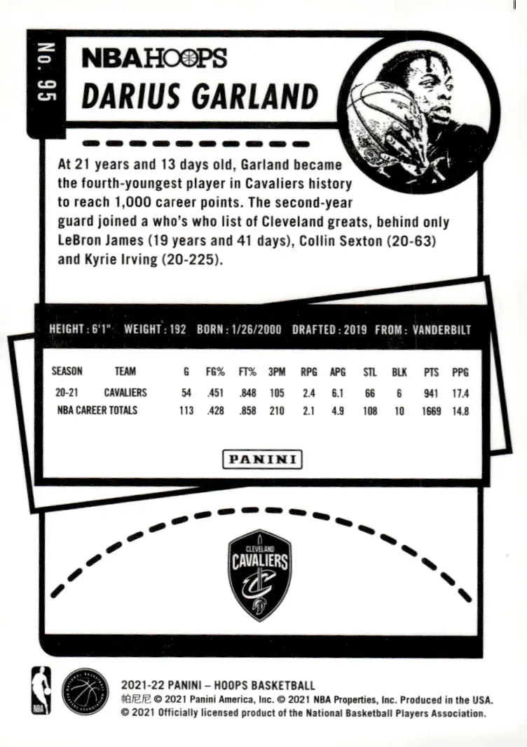 2021-22 NBA Hoops #95 Darius Garland (back)