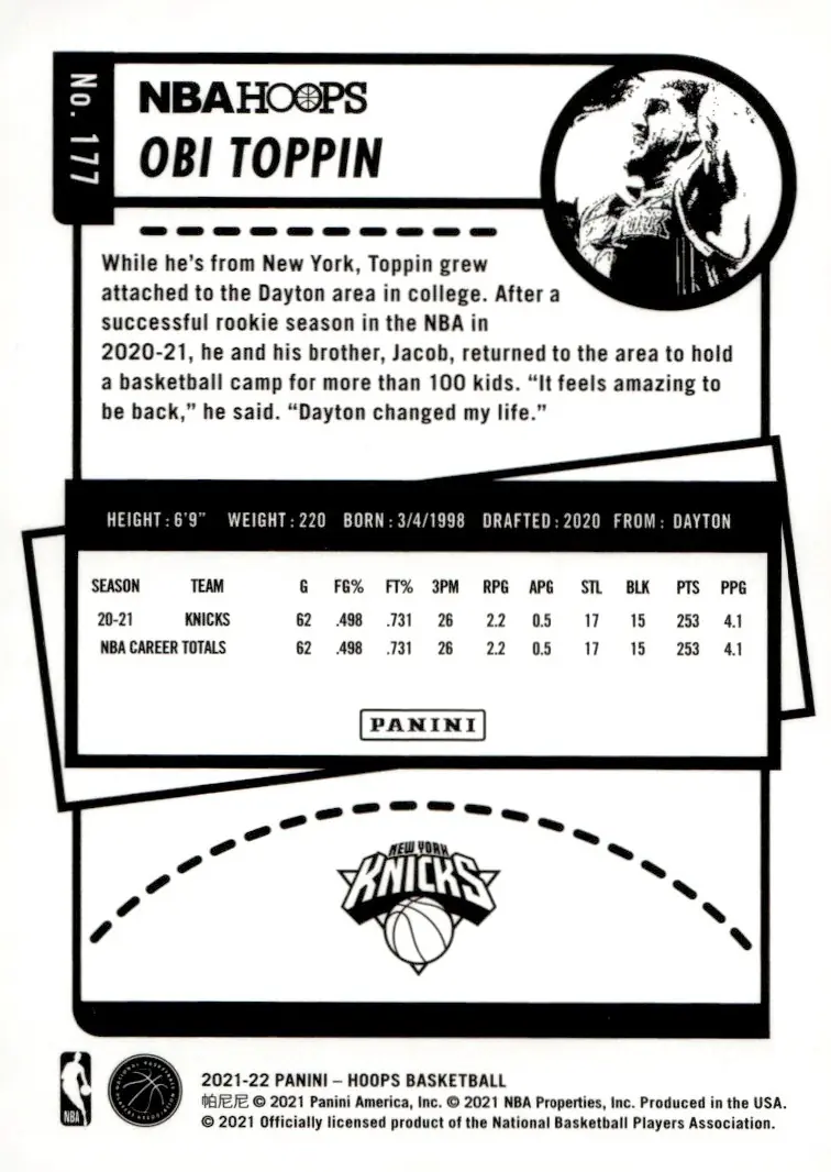 2021-22 NBA Hoops #177 Obi Toppin (back)