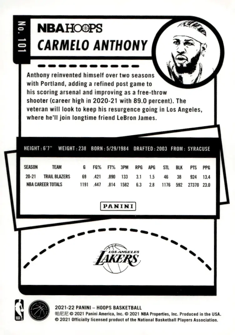 2021-22 NBA Hoops #101 Carmelo Anthony (back)