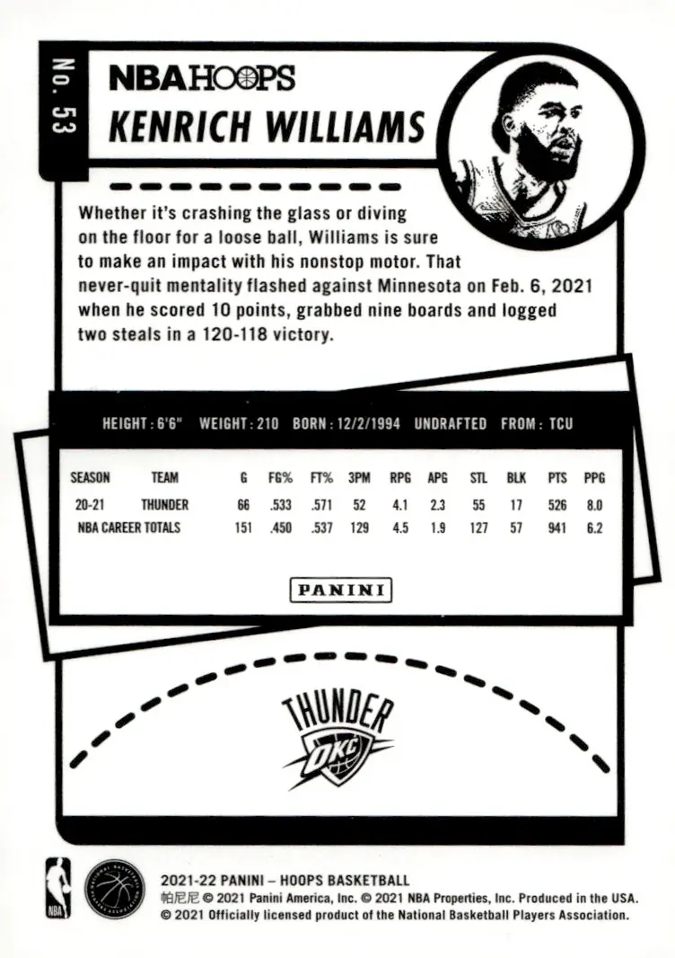 2021-22 NBA Hoops #53 Kenrich Williams (back)