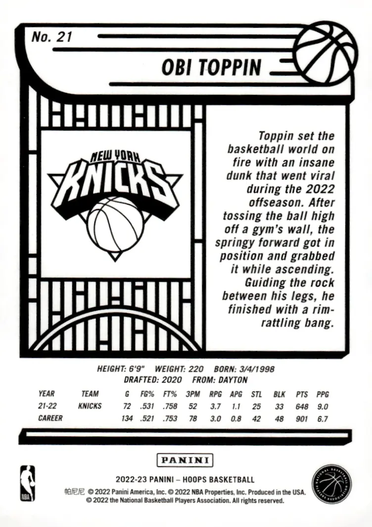 2022-23 NBA Hoops #21 Obi Toppin (back)