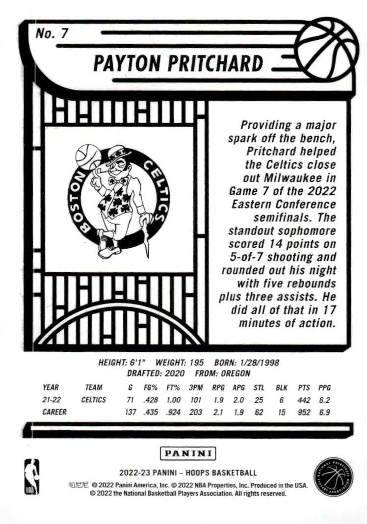 2022-23 NBA Hoops #7 Payton Pritchard (back)