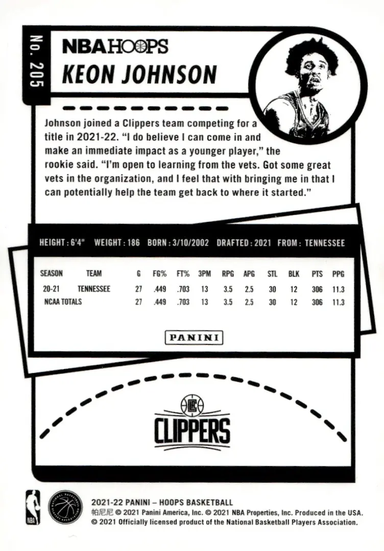 2021-22 NBA Hoops #205 Keon Johnson (back)